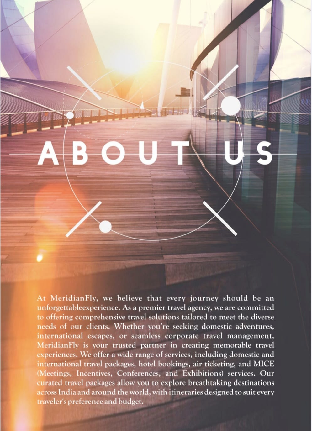 About MeridianFly Aviation — a sunlit waterfront promenade with modern architecture, overlaid with the words About Us