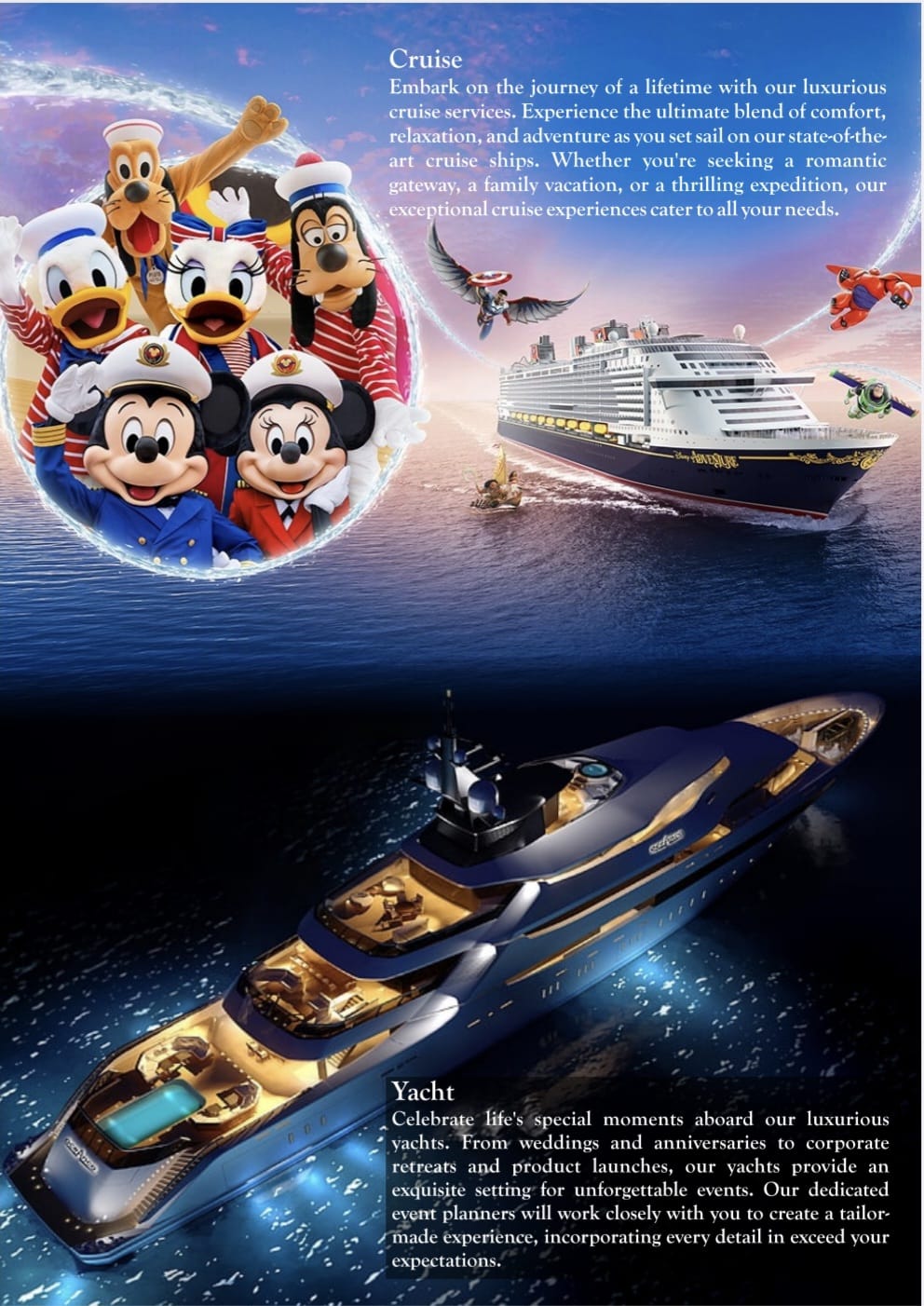 Brochure page showing cruise holidays and private yacht charters