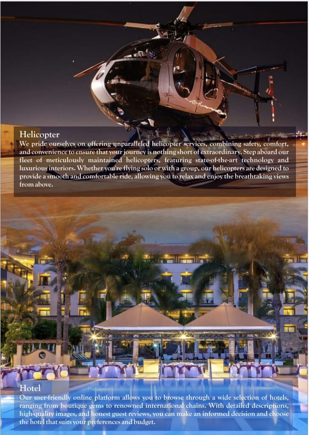 Brochure page showing helicopter transfer services and luxury hotel bookings