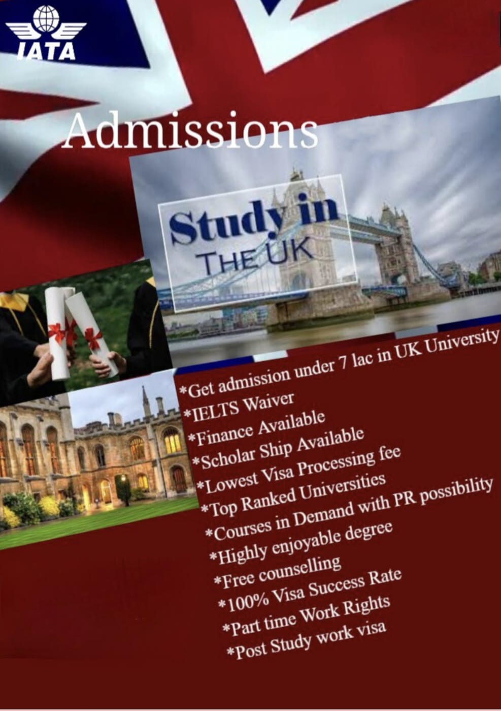 Brochure page on UK university admissions, visa processing and student counselling services