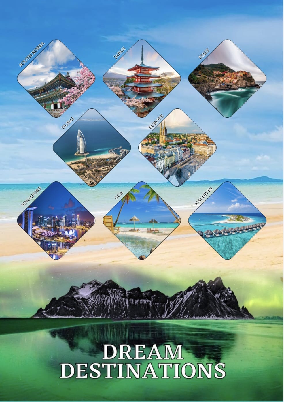 Brochure page of dream destinations including Dubai, Japan, Italy, Singapore, Goa and the Maldives
