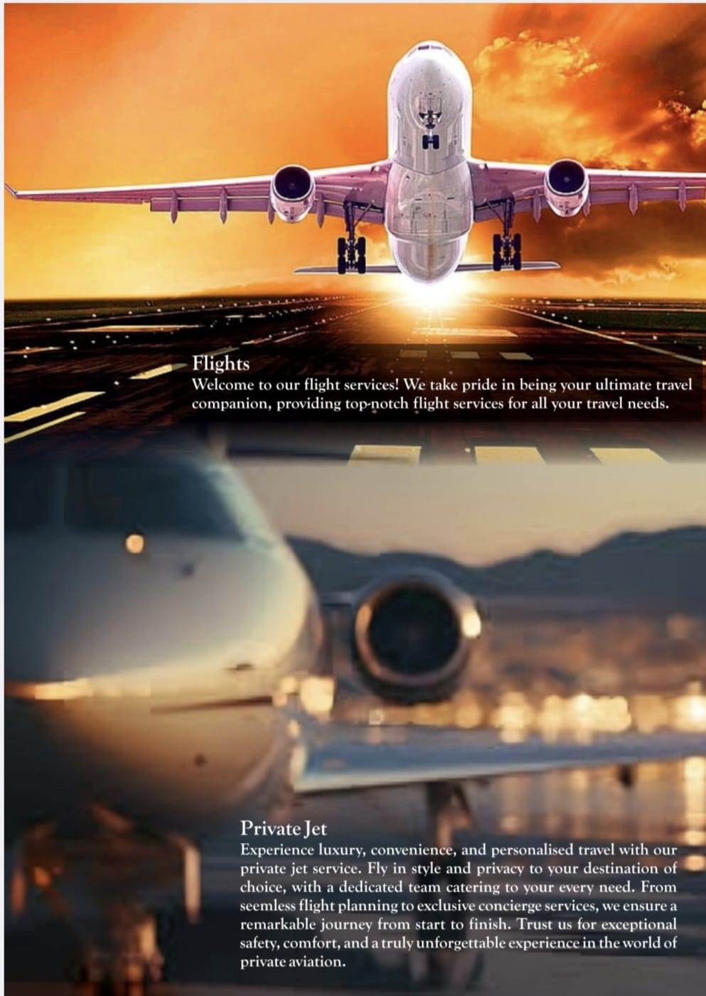 Brochure page showing airliner flight services and private jet charter details